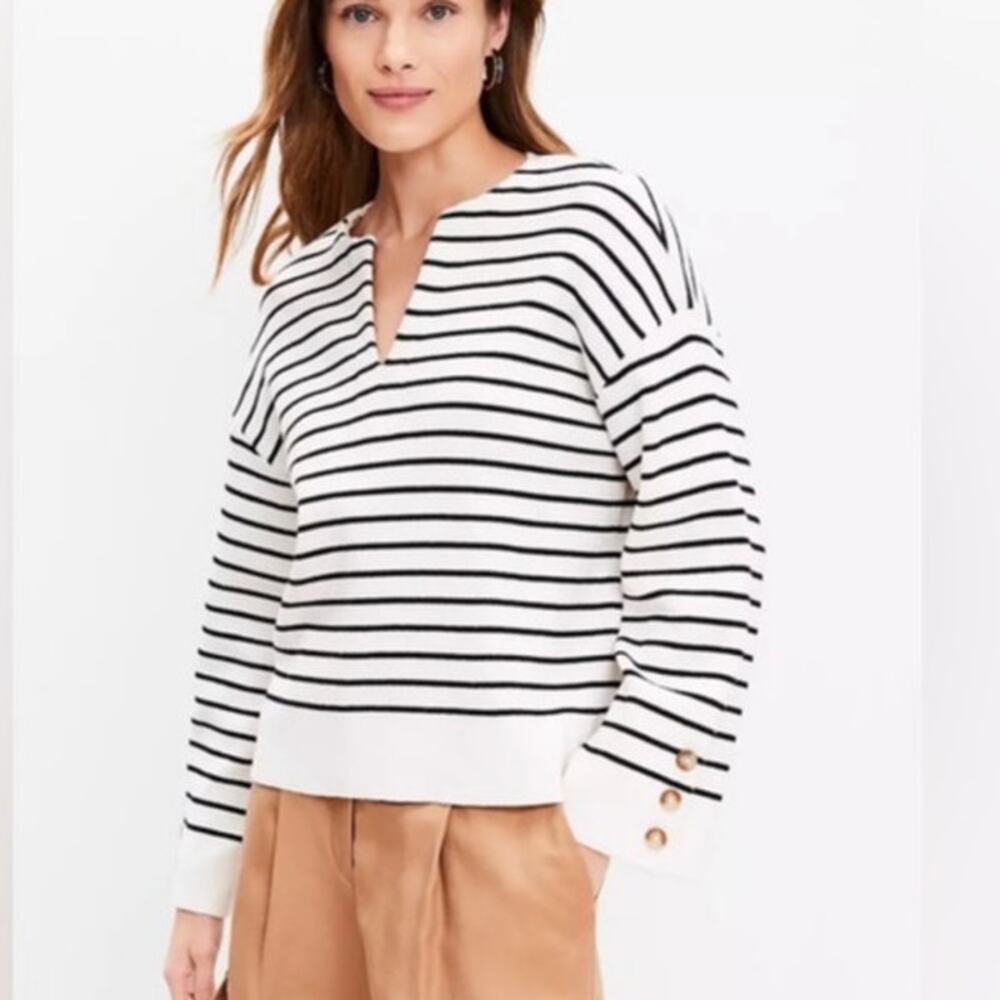 Loft Long Sleeve Sweater Womens Medium Cream Striped Oversized Boxy Cotton